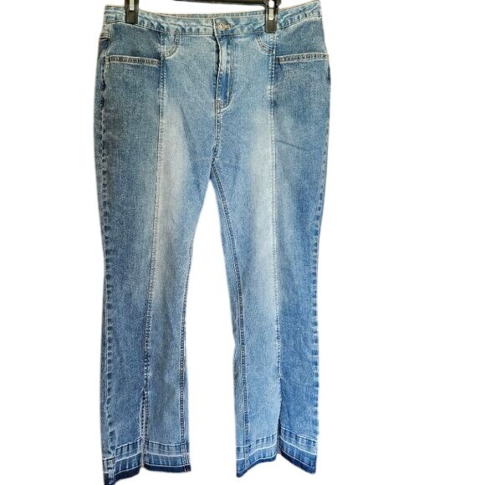 Ethyl Clothing  12 Two Tone Panel Jeans Blue Split Raw Hem Straight Leg Stretch